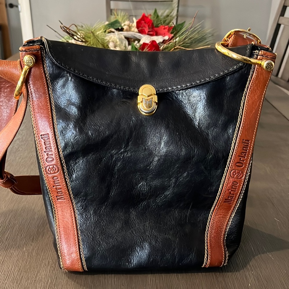 MARINO ORLANDI Bucket Bag, Black and Brown Genuine Leather Made in Italy